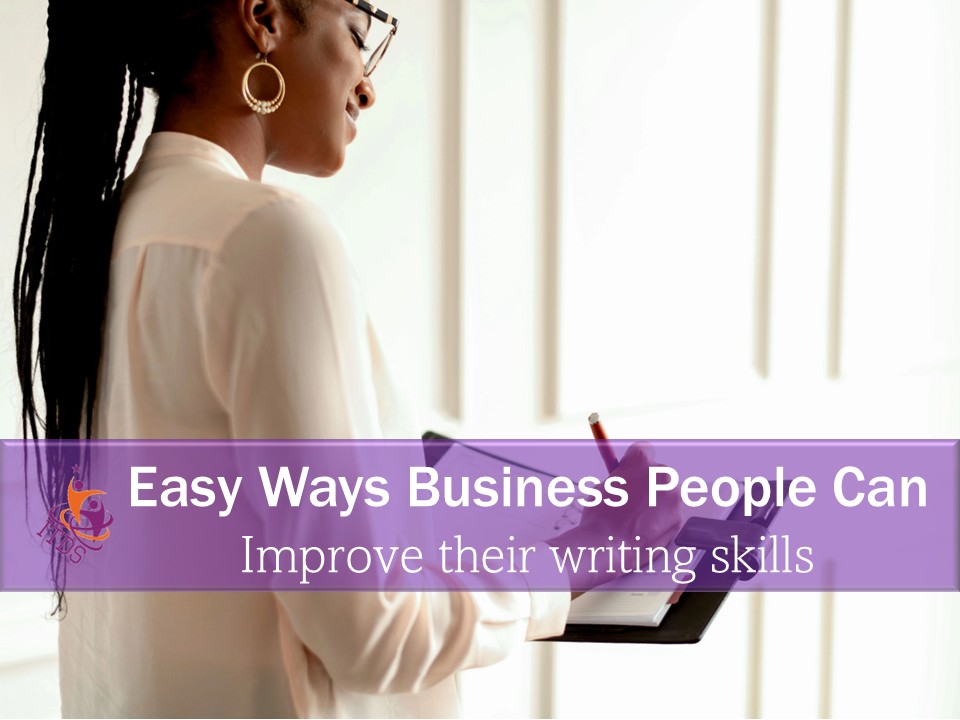 Smiling business woman writing on pad because she has improved her writing skills
