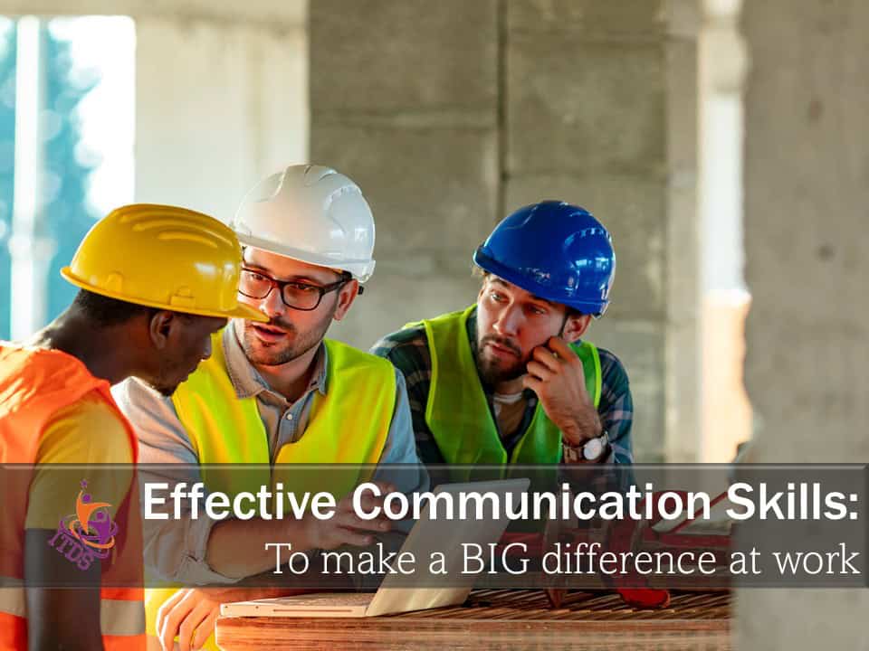 Three workmen on the job solving a problem through effective communication skills