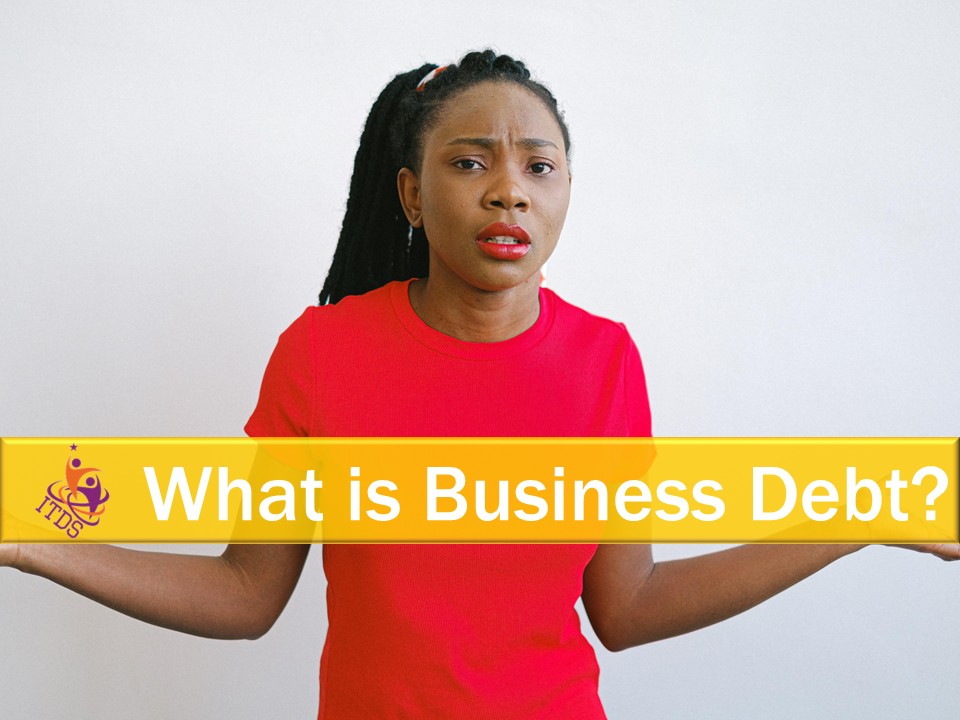 African-american woman in red T-shirt looking confused as she asked the question what is business debt