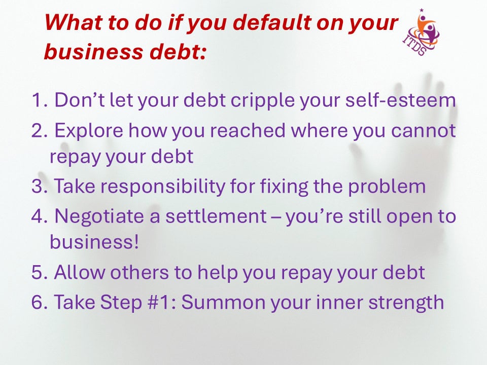 Text only image listing 6 things you can do if you default on your business debt