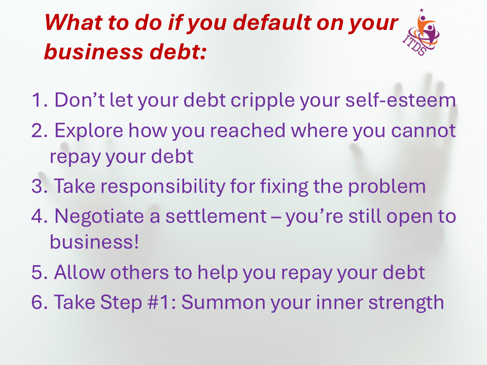 Text only image listing 6 things you can do if you default on your business debt