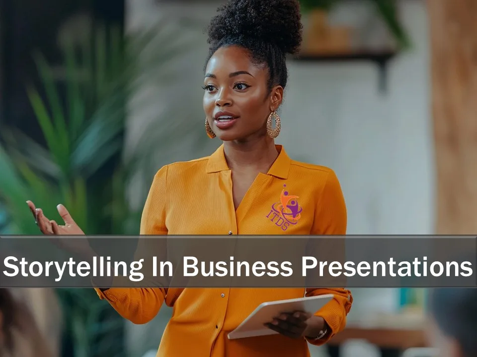 Young female businesswoman using storytelling in business presentation
