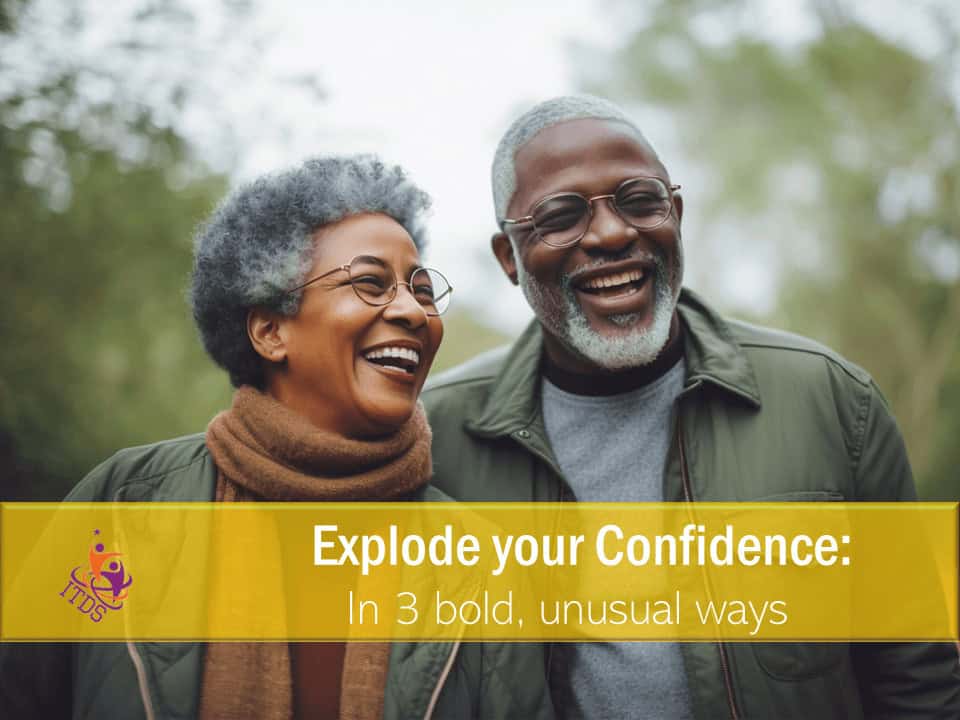 Older male and female couple smiling broadly as they explode their confidence