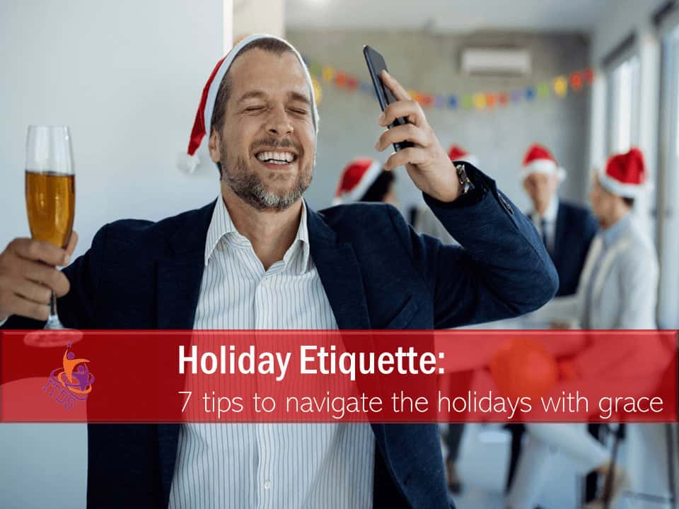 Businessman at holiday event showing lack of holiday etiquette