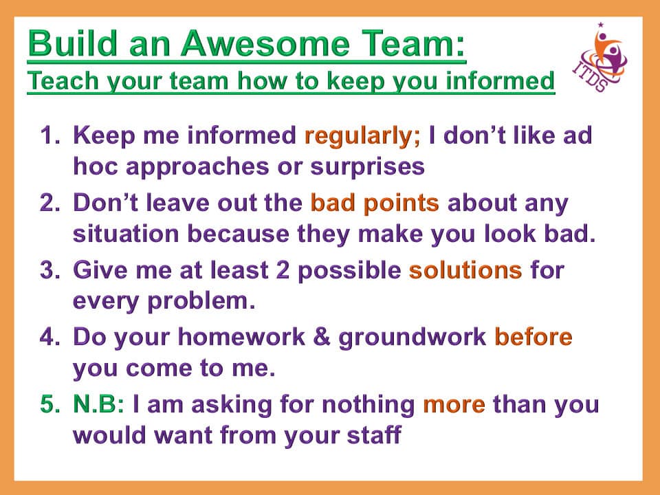 List of instructions to keep leaders informed as they build an awesome team