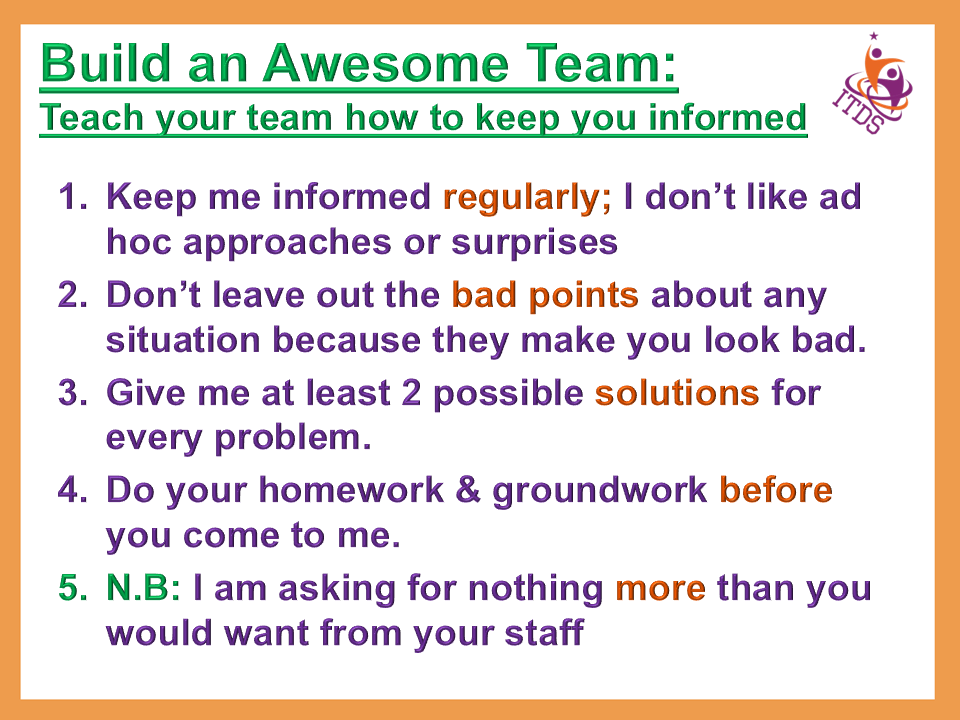 List of instructions to keep leaders informed as they build an awesome team