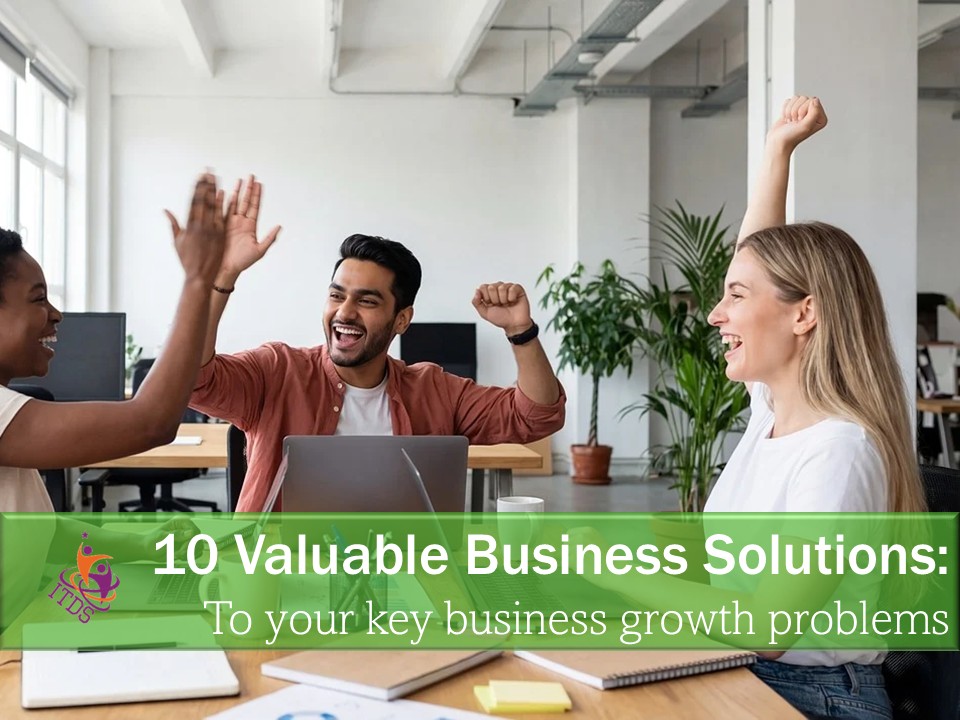 Main graphic showing a small business team celebrating having found 10 valuable business solutions